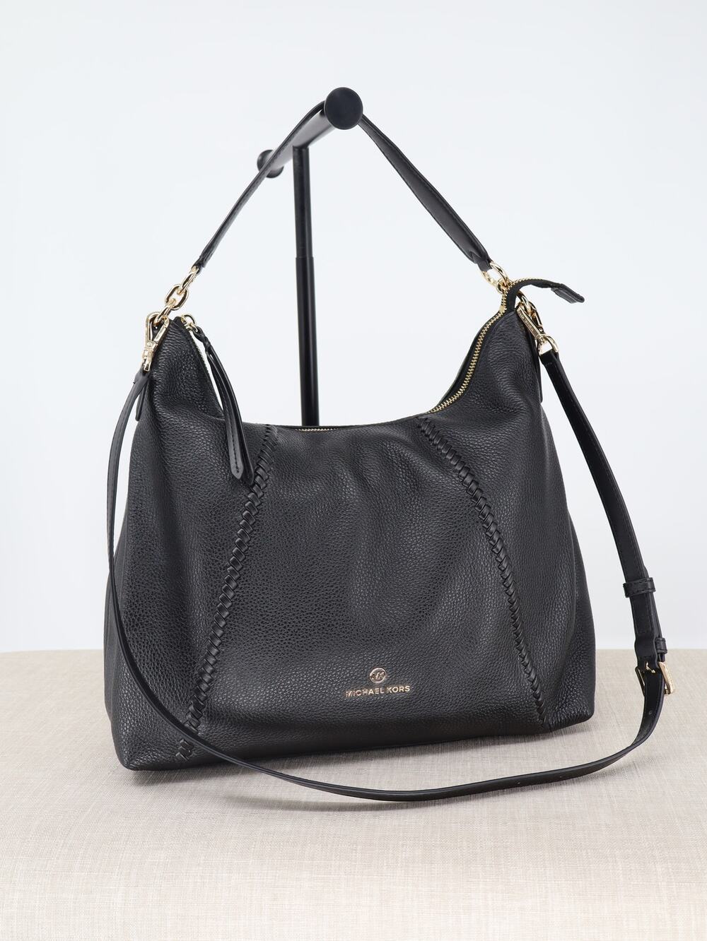 Michael Kors Sienna Black Pebbled Leather Convertible Shoulder Bag Braided Trim
